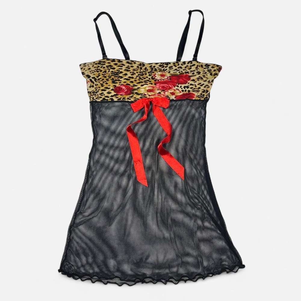 Vintage Donna Loren Black Mesh Leopard Print Lingerie Top/Slip Dress
